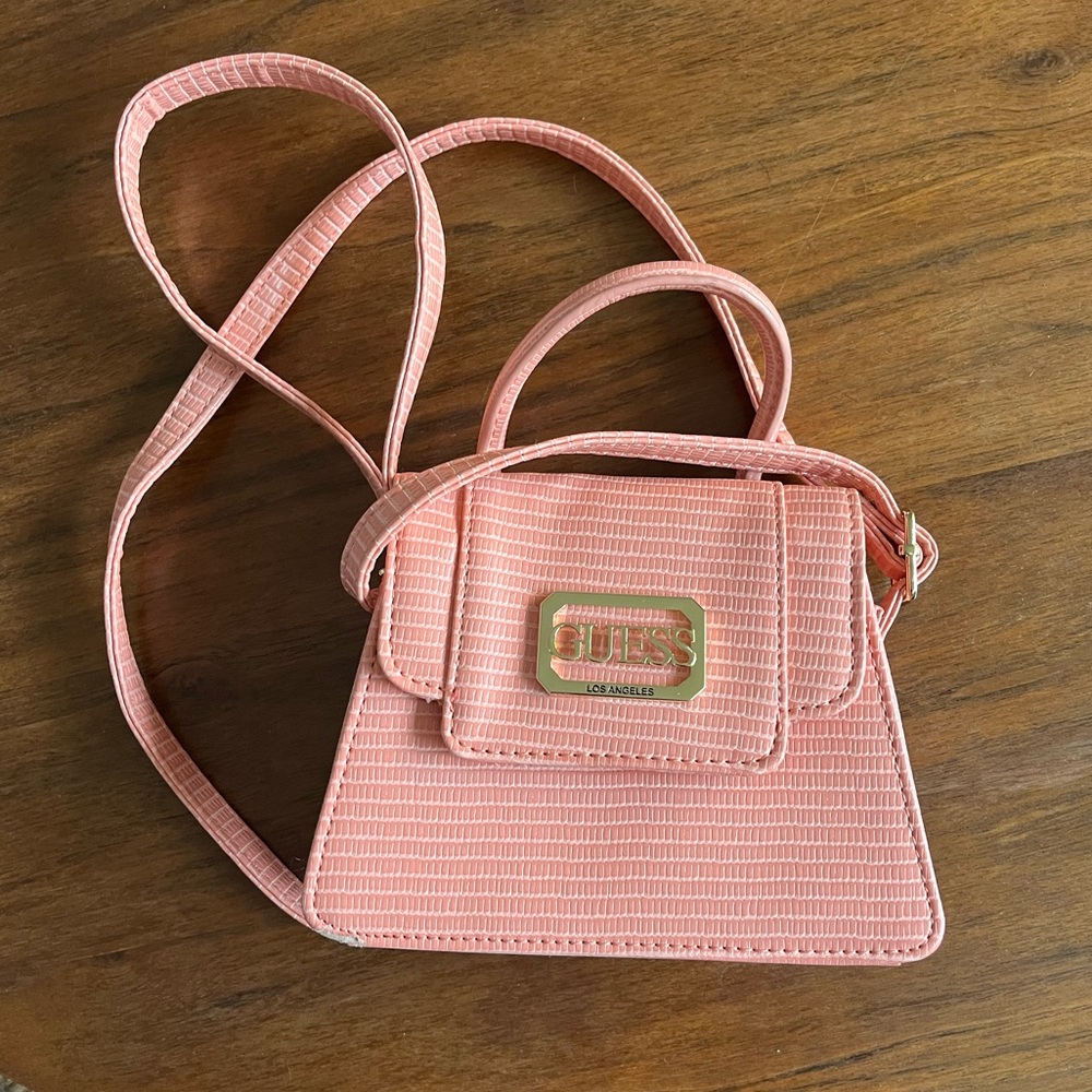 GUESS Pink Croc-Embossed Mini Crossbody Bag with Gold Plaque